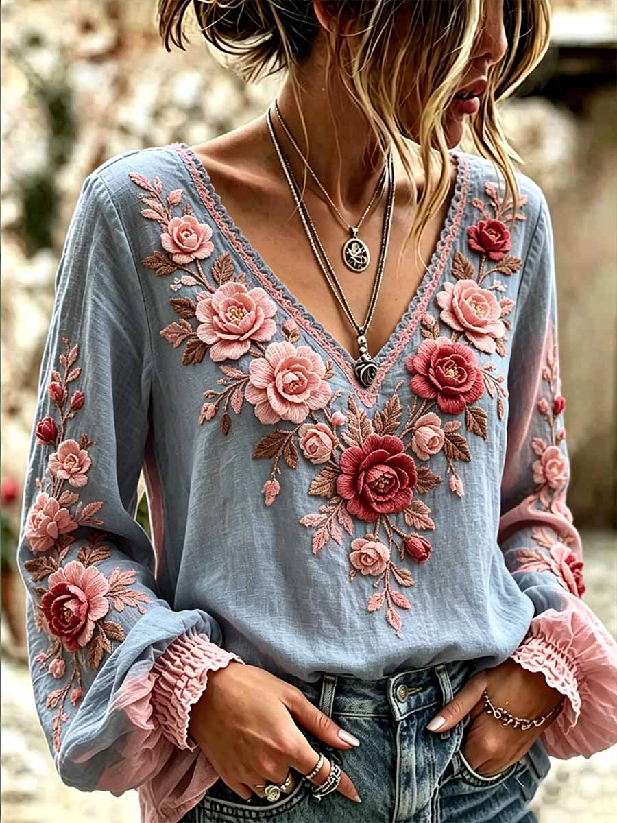 Camiseta feminina romântica de estilo boêmio com estampa floral