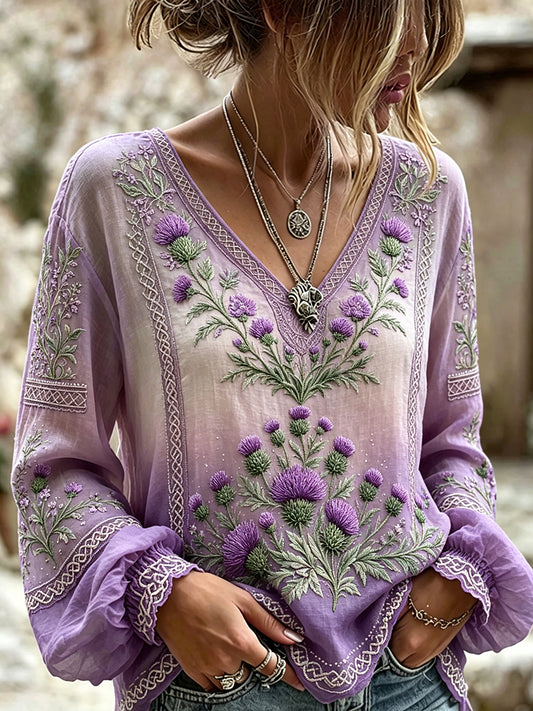 Mulheres's elegante Scottish Thistle Art Viking Celtic Print Algodão-Linho Camisa