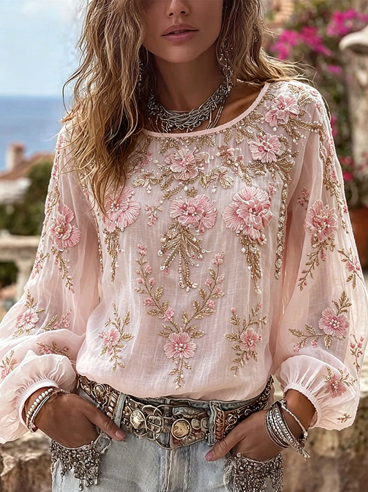 Vintage Boho rosa Floral Art impressão algodão-linho camisa do mulheres