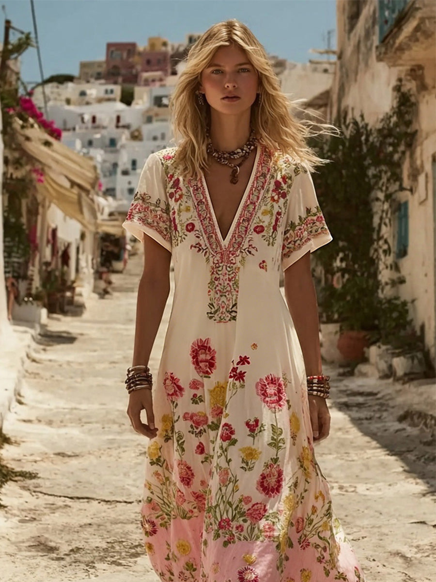 Vintage Bohemia Floral Art feminino impresso vestido v-Neck