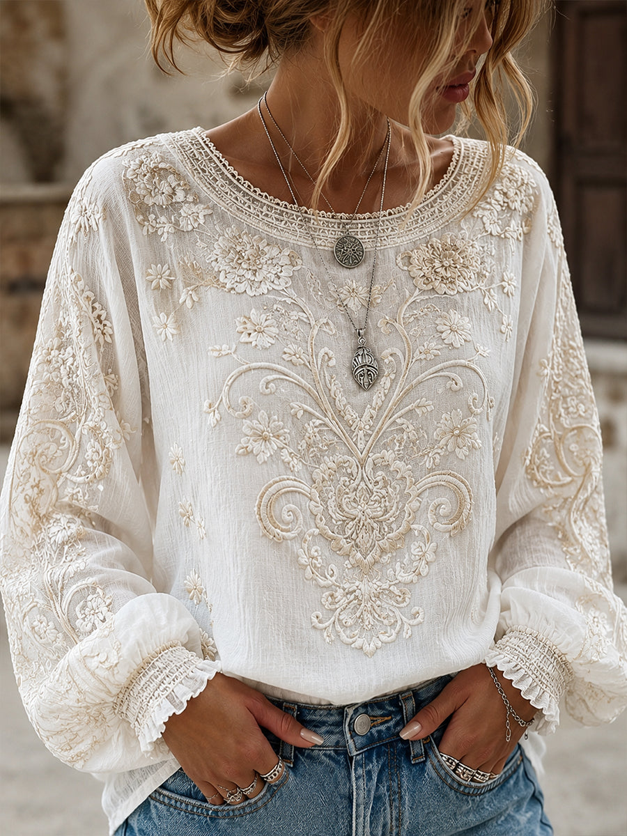 Blusa feminina casual de algodão-linho com estampa floral clássica