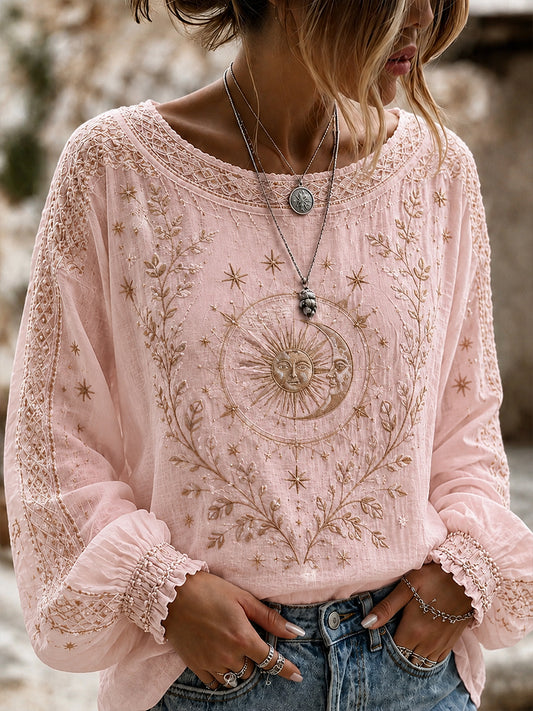 Arte Floral Vintage impressão Casual algodão feminino-Top de linho