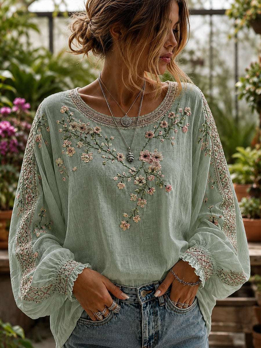 Blusa feminina casual de algodão-linho com estampa floral clássica