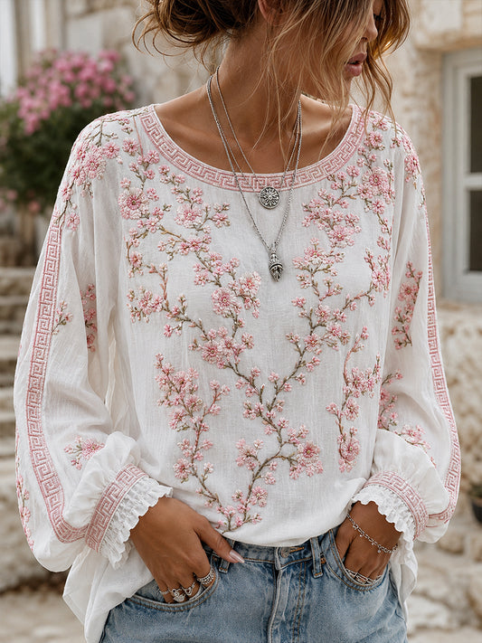 Blusa feminina casual de algodão-linho com estampa floral clássica
