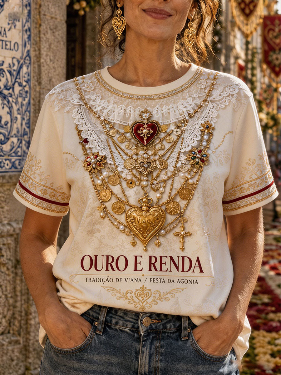 Camiseta de linho estampada com arte das Festas d’Agonia, Portugal, para mulheres