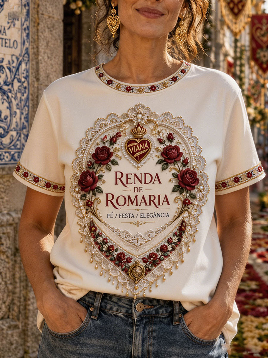 Camiseta de linho estampada com arte das Festas d’Agonia, Portugal, para mulheres