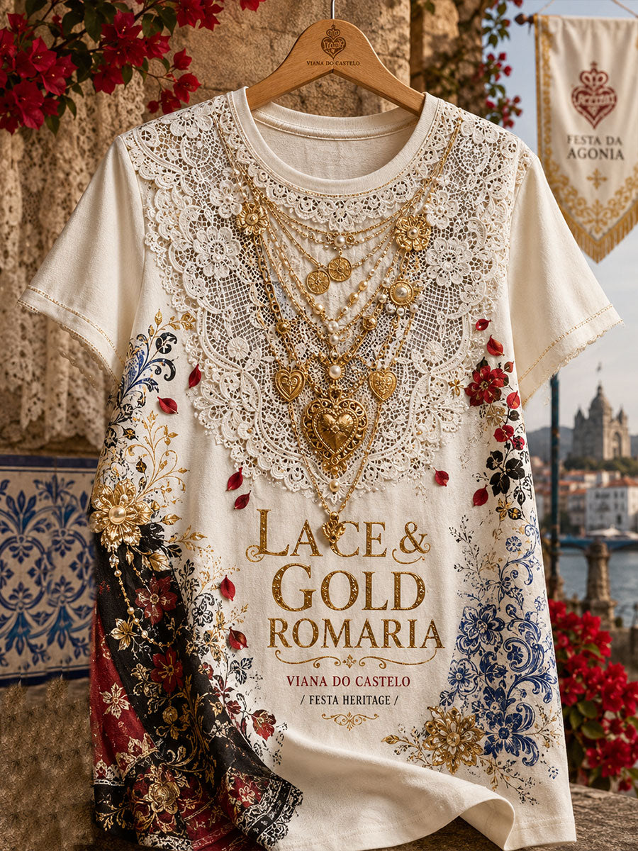Camiseta de linho estampada com arte das Festas d’Agonia, Portugal, para mulheres
