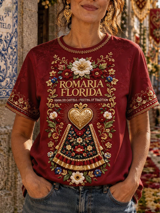 Camiseta de linho estampada com arte das Festas d’Agonia, Portugal, para mulheres