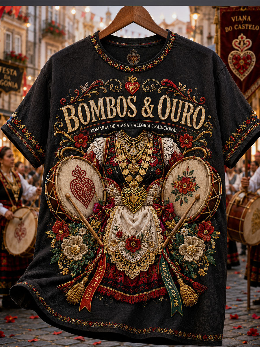 Camiseta de linho estampada com arte das Festas d’Agonia, Portugal, para mulheres