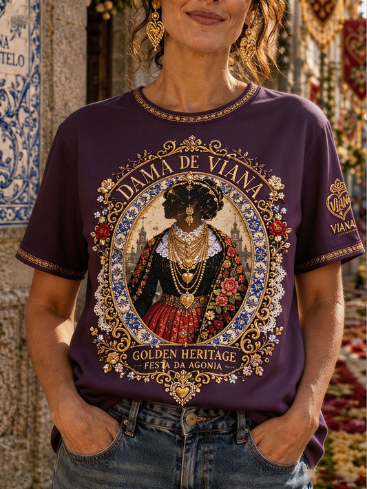 Camiseta de linho estampada com arte das Festas d’Agonia, Portugal, para mulheres
