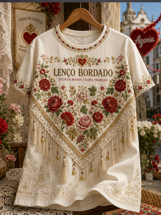 Camiseta de linho estampada com arte das Festas d’Agonia, Portugal, para mulheres