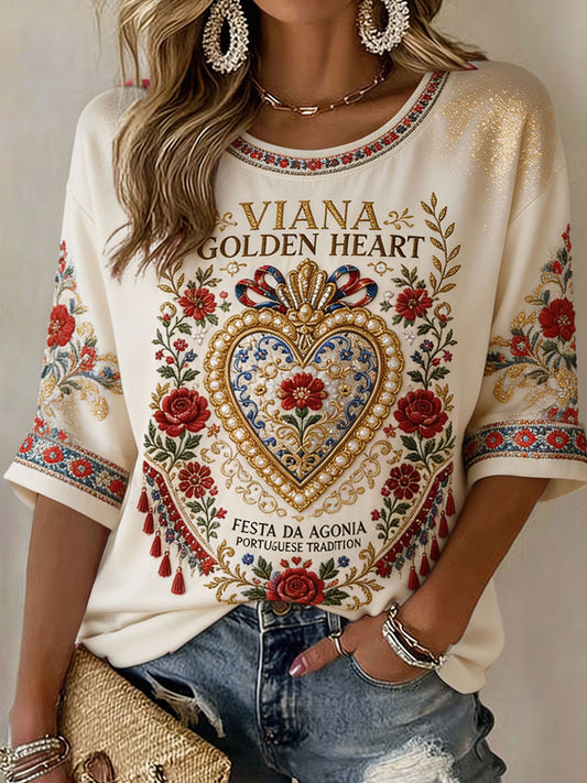 Camiseta de linho estampada com arte das Festas d’Agonia, Portugal, para mulheres