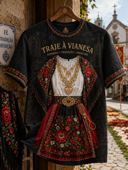 Camiseta de linho estampada com arte das Festas d’Agonia, Portugal, para mulheres