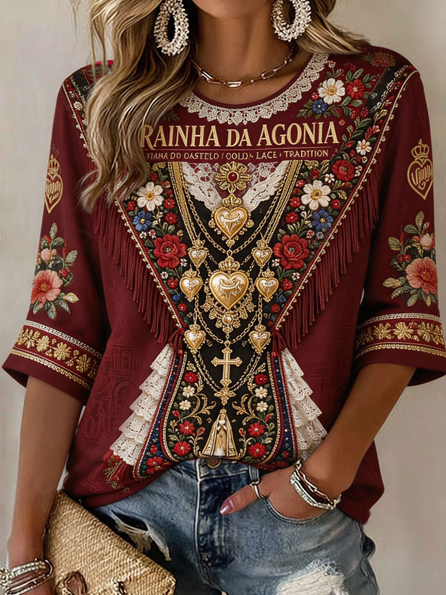 Camiseta de linho estampada com arte das Festas d’Agonia, Portugal, para mulheres