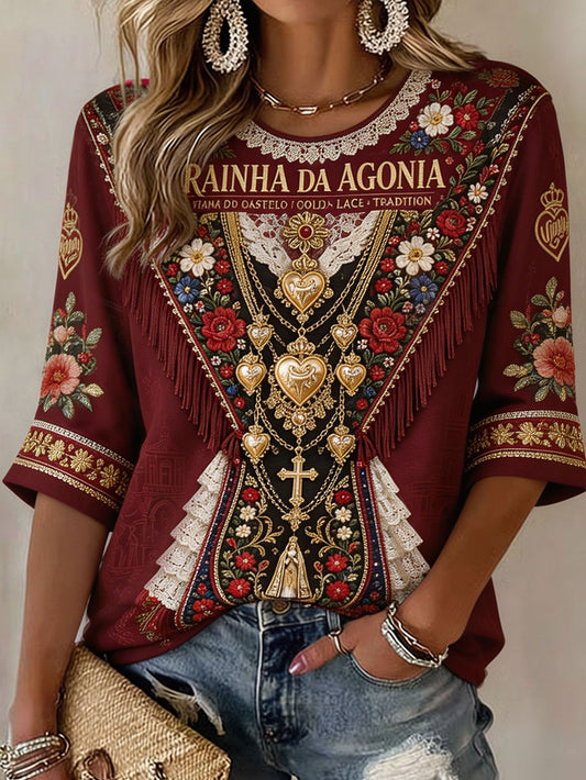 Camiseta de linho estampada com arte das Festas d’Agonia, Portugal, para mulheres