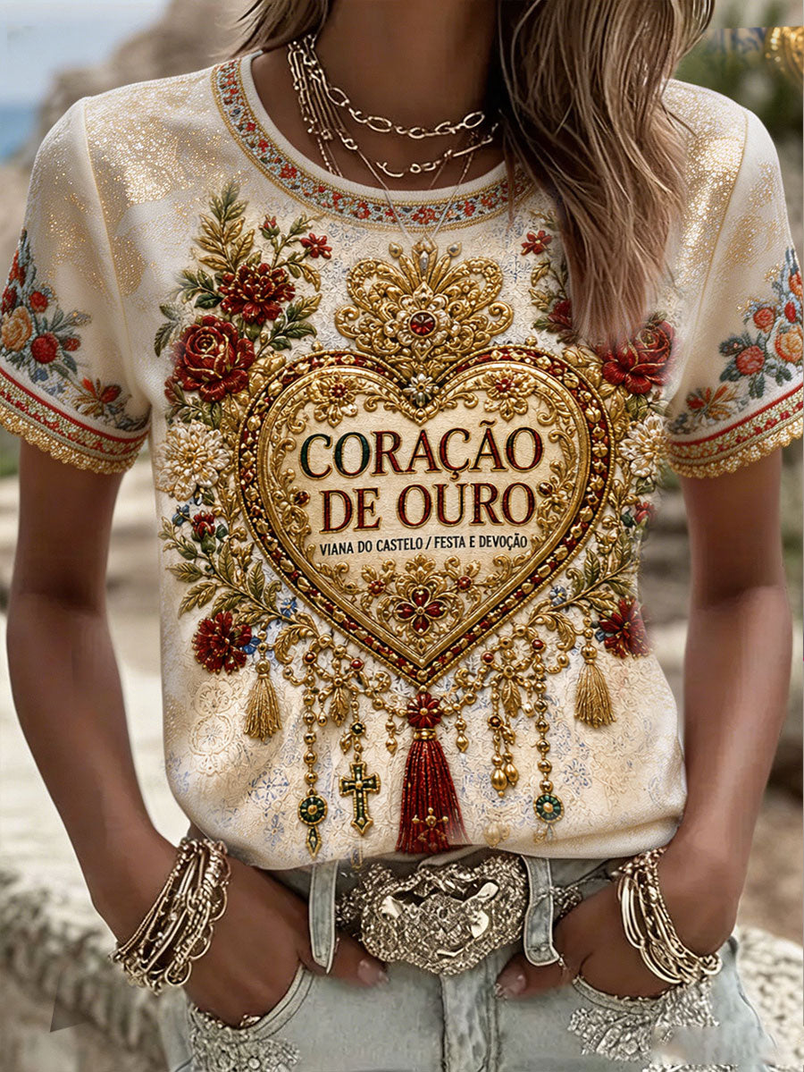 Camiseta de linho estampada com arte das Festas d’Agonia, Portugal, para mulheres