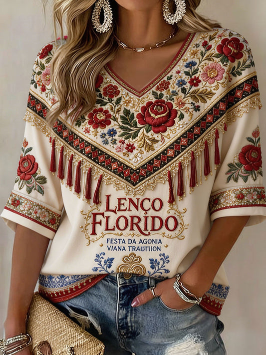 Camiseta de linho estampada com arte das Festas d’Agonia, Portugal, para mulheres