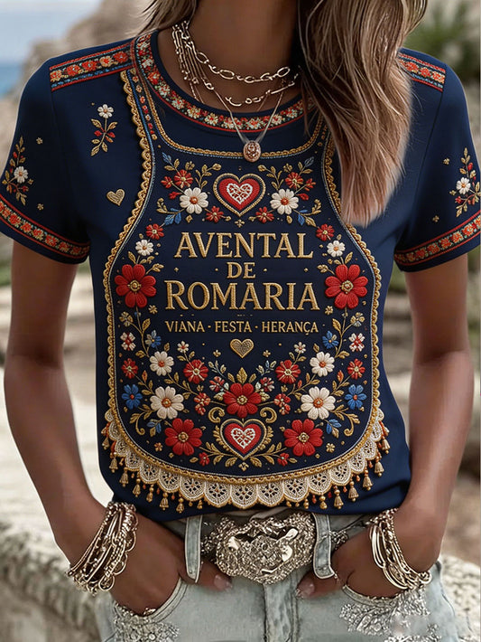 Camiseta de linho estampada com arte das Festas d’Agonia, Portugal, para mulheres