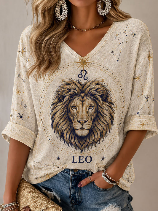 T-shirt Casual Estilo Retro-Temático Leo Horóscopo para Mulher