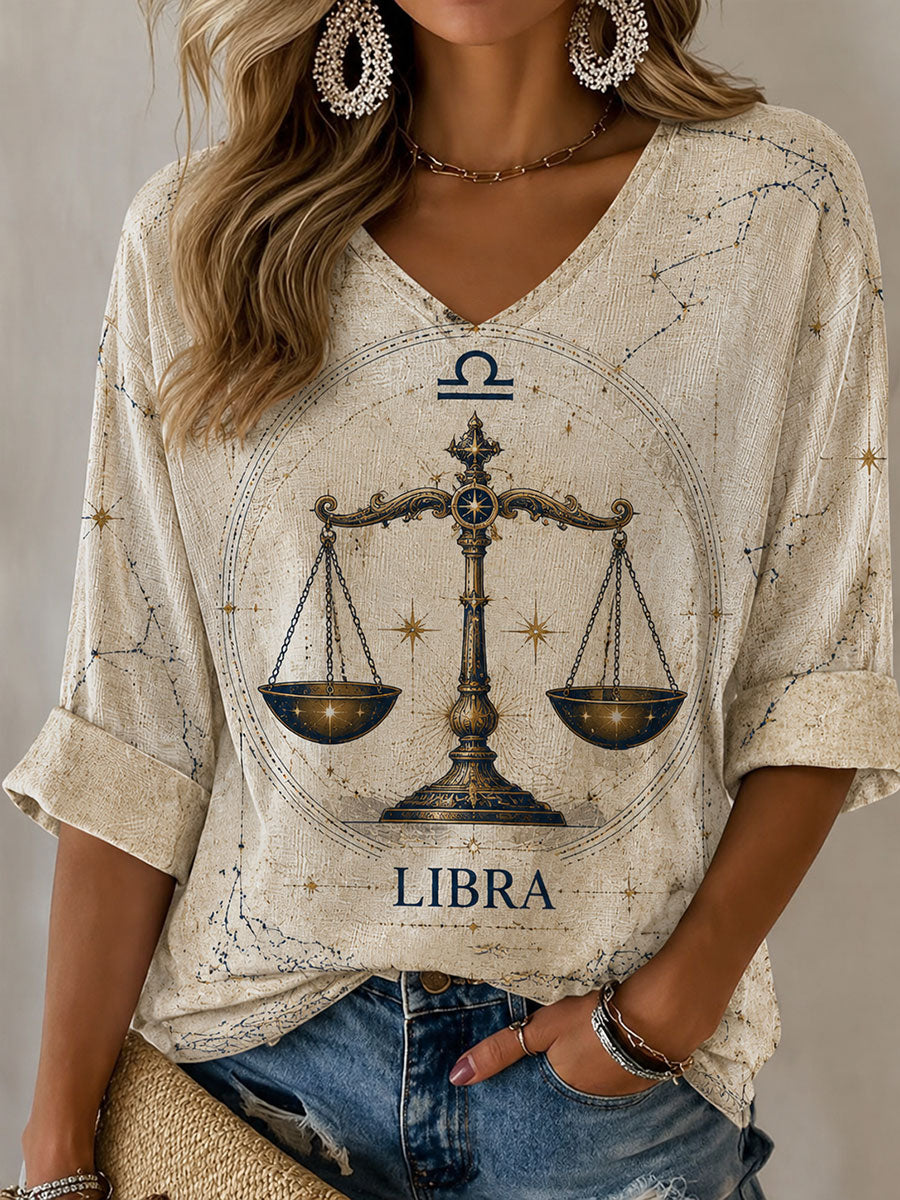 T-shirt Casual Estilo Retro-temático de Libra Horóscopo Feminino