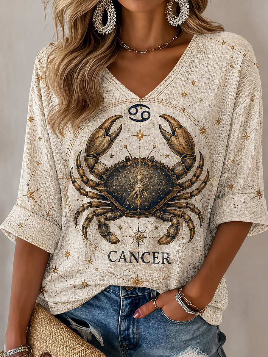 T-shirt Casual Horóscopo do Câncer Temático Estilo Retro das Mulheres