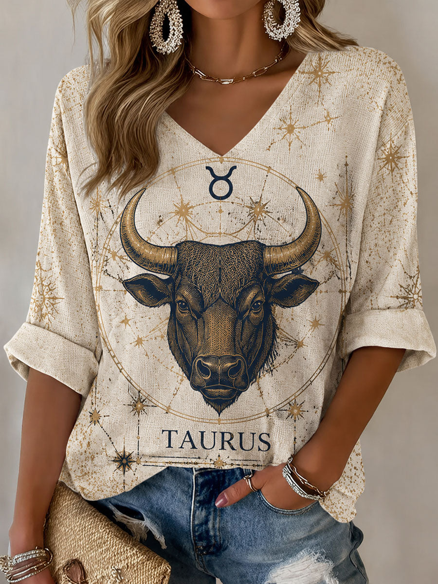 T-shirt Casual Estilo Retro Horóscopo de Touro para Mulher