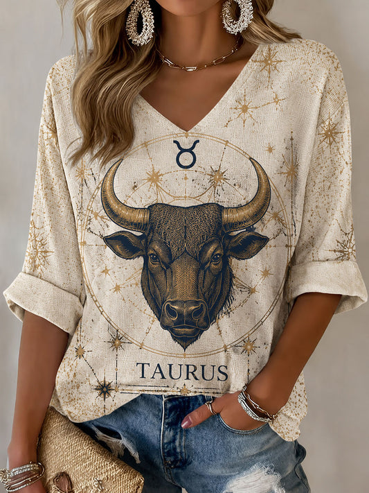 T-shirt Casual Estilo Retro Horóscopo de Touro para Mulher