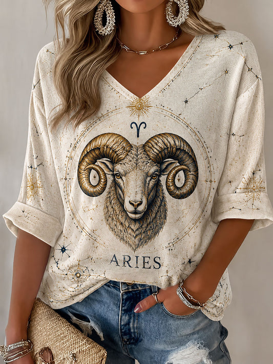 T-shirt Casual Horóscopo de Áries-Temático Estilo Retro feminino