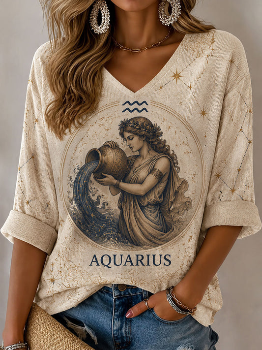Horóscopo Aquário feminino-camiseta casual de estilo retrô temático