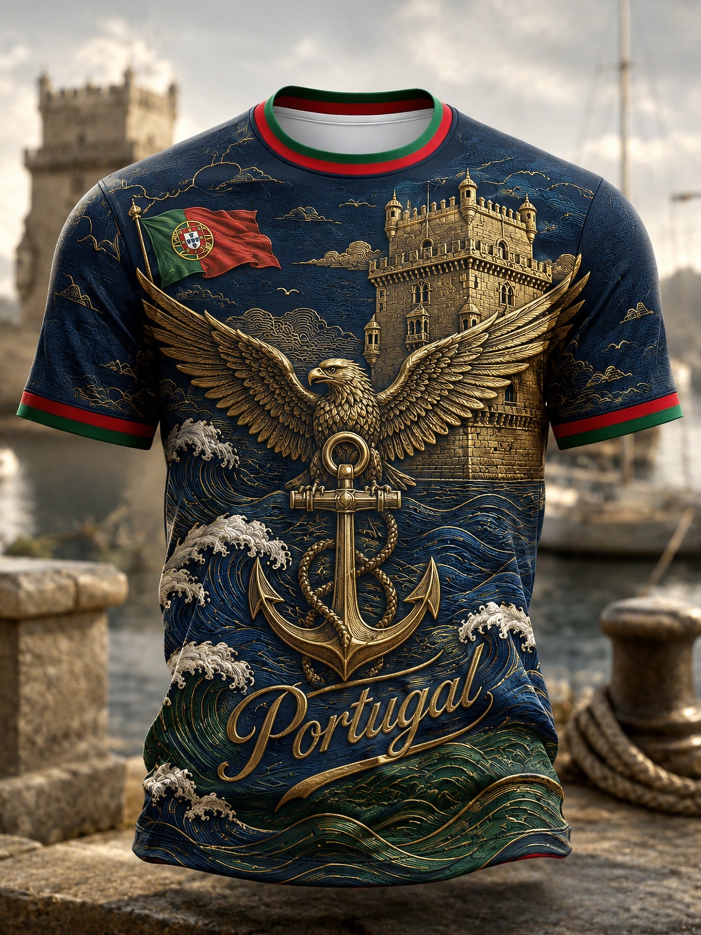 Camiseta com estampa artística de torcida, tema futebol português, para homens