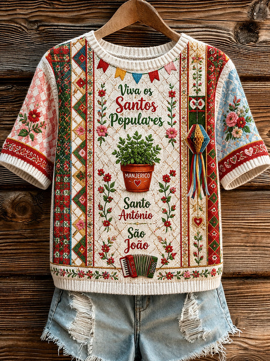 Camiseta estampada cultural e artística do Dia dos Santos do Povo Português para mulheres