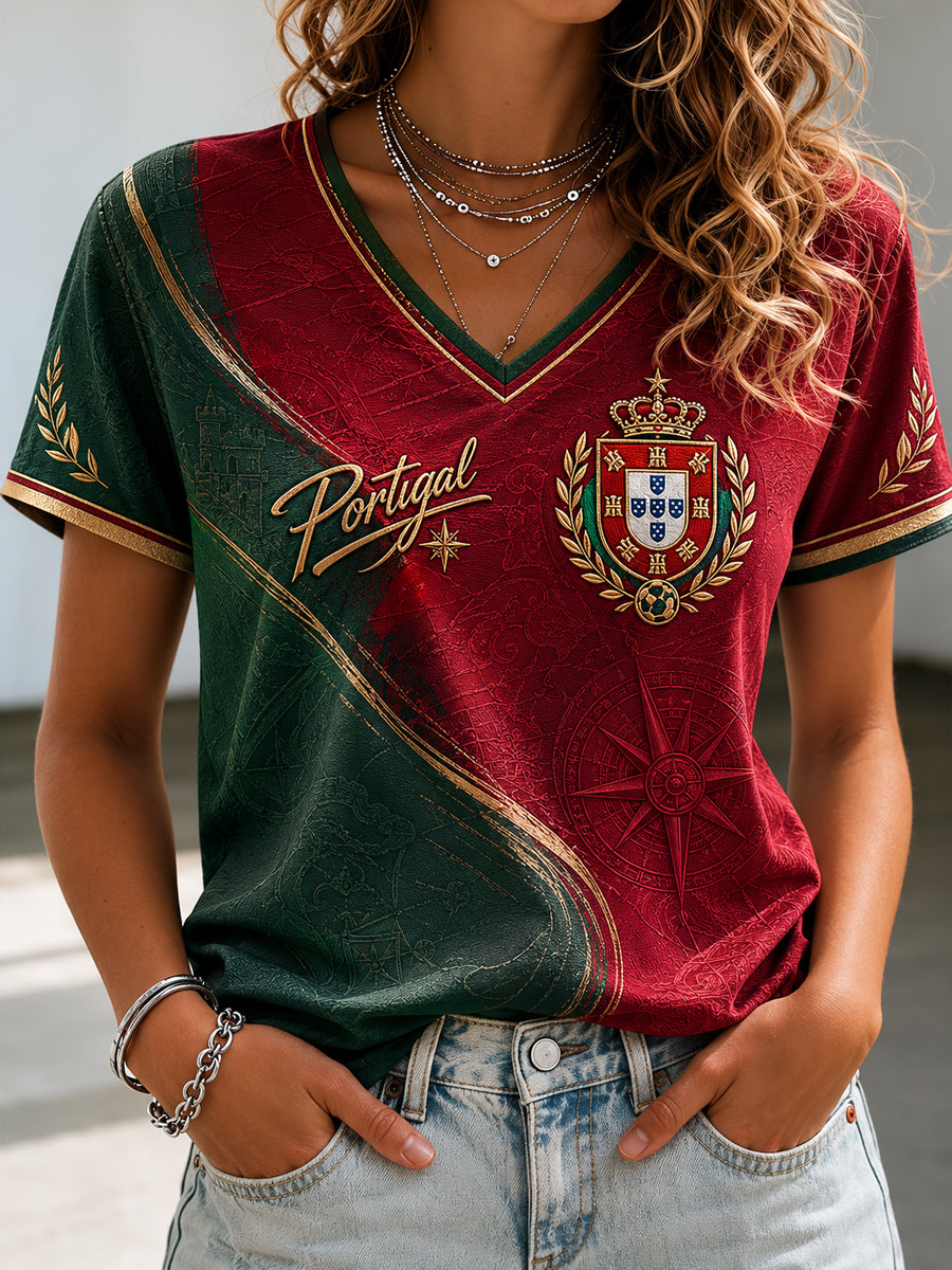 Camiseta feminina de futebol português com estampa e gola em V