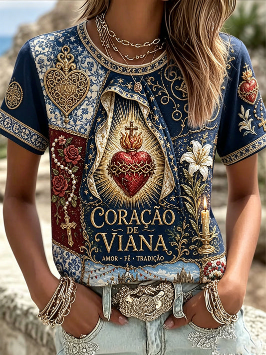 Camiseta de Linho Estampada com Arte das Festas d’Agonia, Portugal, Feminina