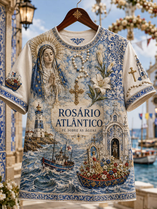 Camiseta de Linho Estampada com Arte das Festas d’Agonia, Portugal, Feminina