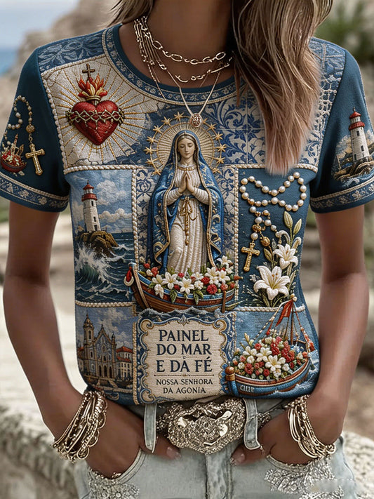 Camiseta de Linho Estampada com Arte das Festas d’Agonia, Portugal, Feminina