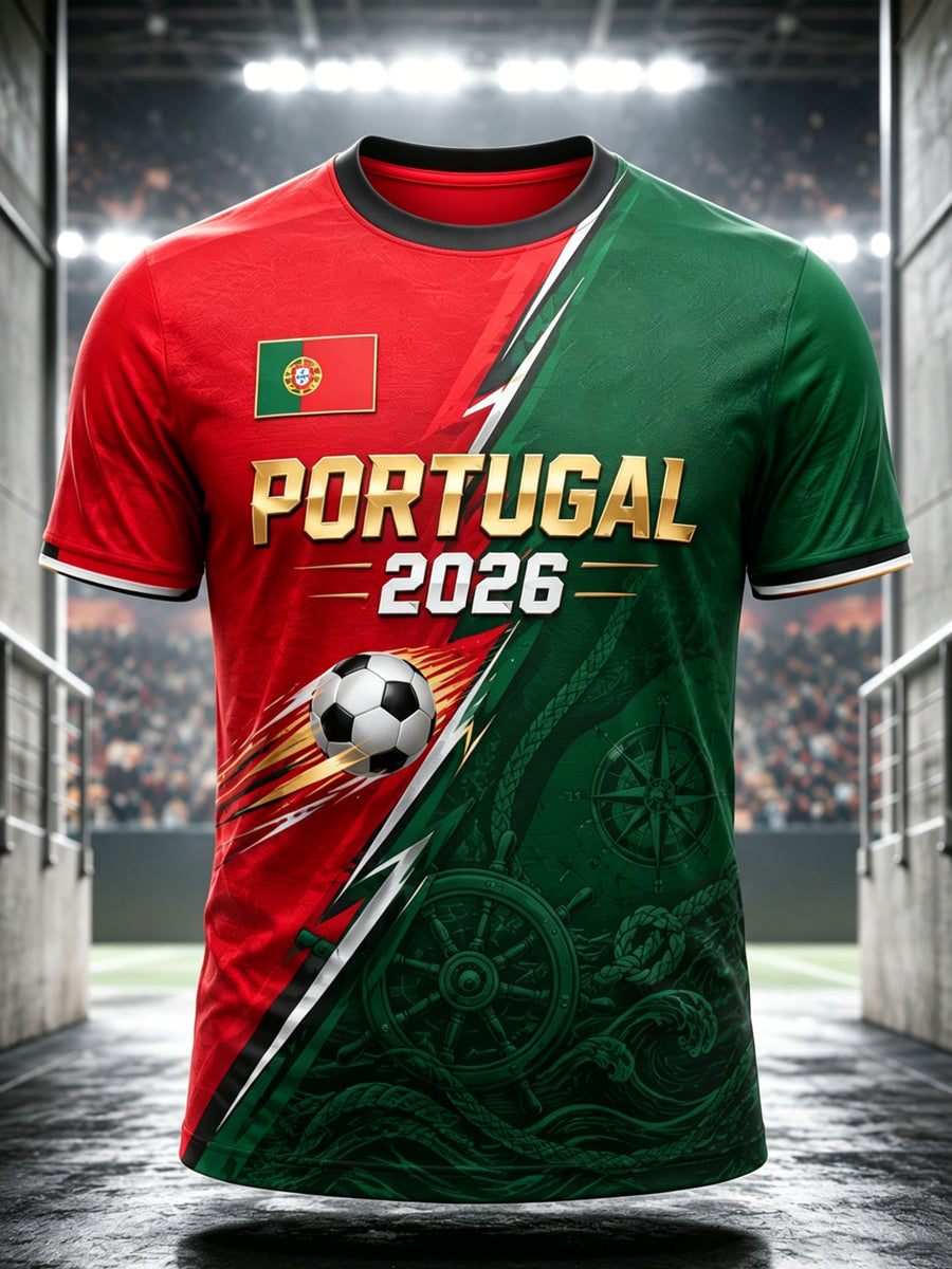 Camiseta com Estampa Artística de Elemento de Torcida: Pizza e Futebol de Portugal para Homens