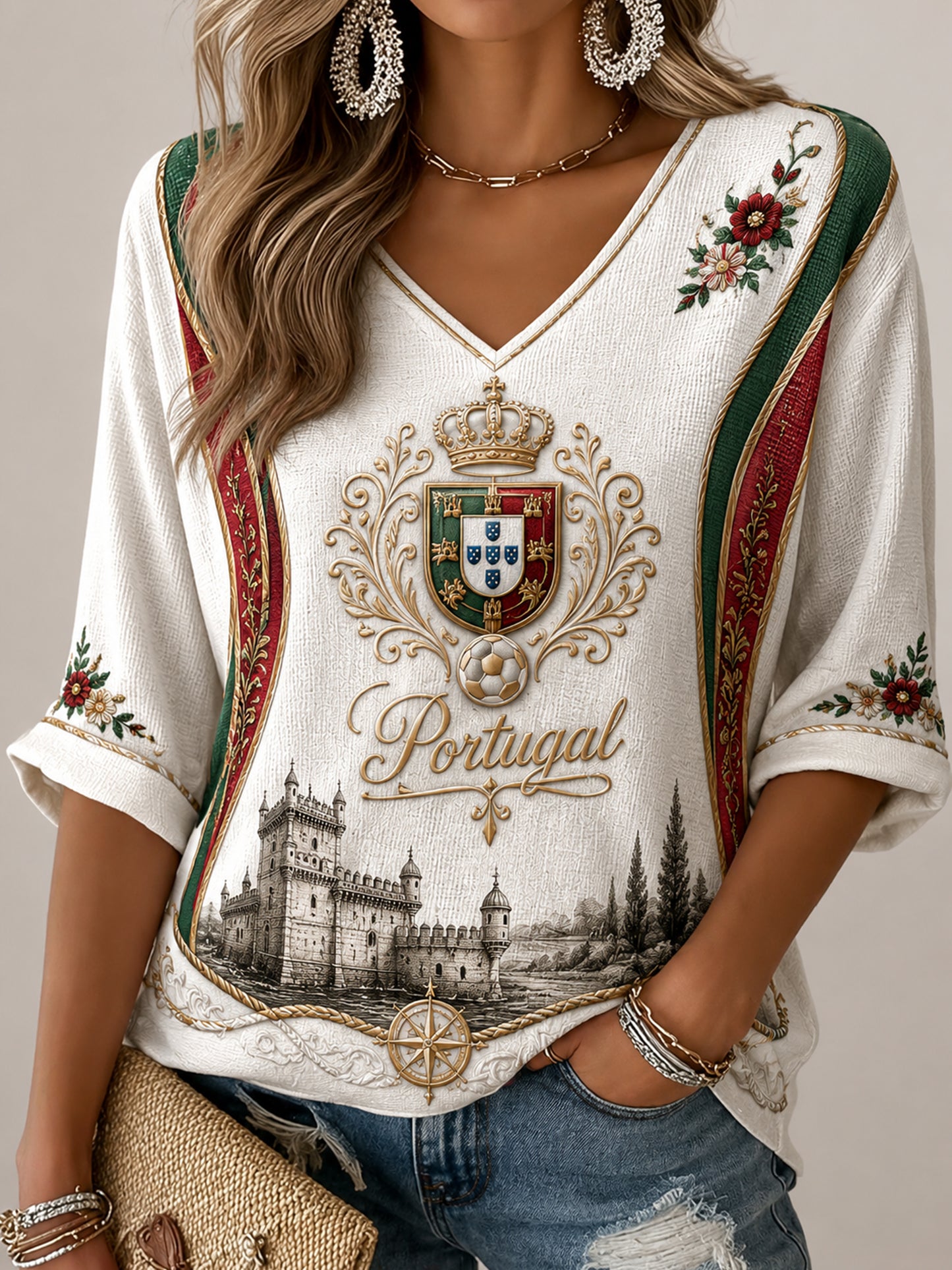 Impressão Artística de Elemento de Torcida com Pizza e Futebol Feminino de Portugal – Parte Superior
