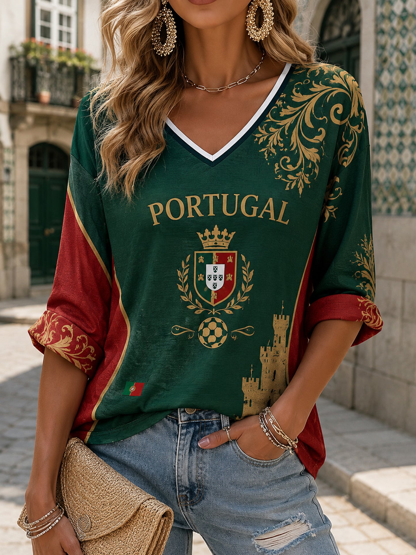 Impressão Artística de Elemento de Torcida com Pizza e Futebol Feminino de Portugal – Parte Superior