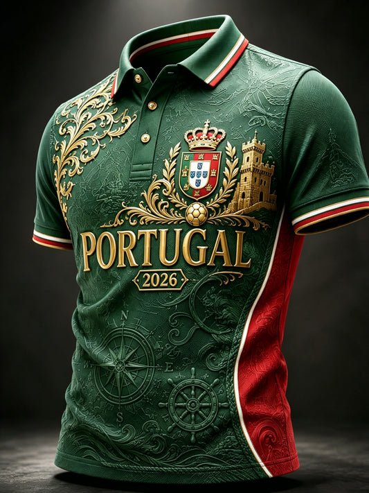 Camisa polo com estampa artística de elemento de torcida: pizza e futebol português para homens