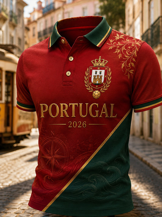 Camisa polo com estampa artística de elemento de torcida: pizza e futebol português para homens