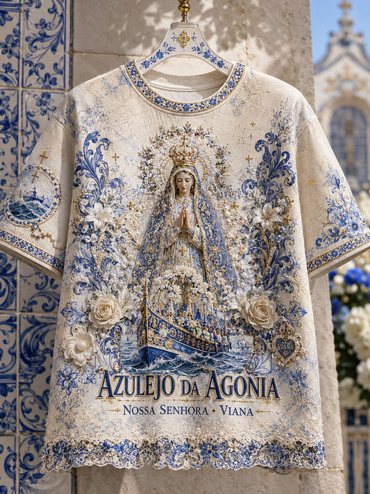 Camiseta de linho estampada com arte das Festas d’Agonia, Portugal, para mulheres