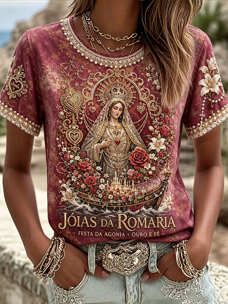 Camiseta de linho estampada com arte das Festas d’Agonia, Portugal, para mulheres