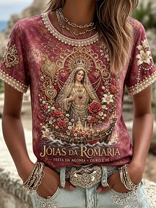 Camiseta de linho estampada com arte das Festas d’Agonia, Portugal, para mulheres
