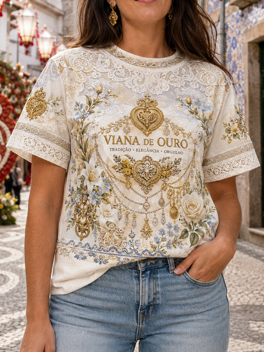 Camiseta de linho estampada com arte das Festas d’Agonia, Portugal, para mulheres