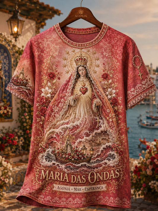 Camiseta de linho estampada com arte das Festas d’Agonia, Portugal, para mulheres