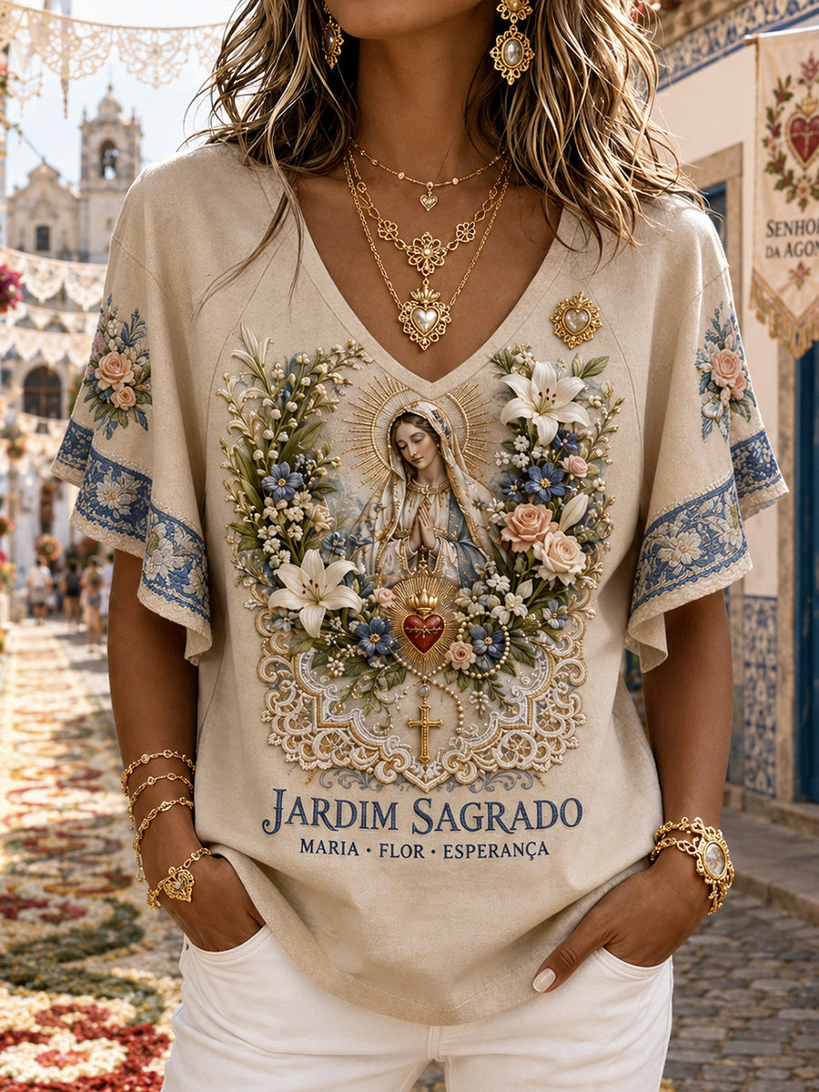 Camiseta estampada com arte das Festas d’Agonia, Portugal, feminina