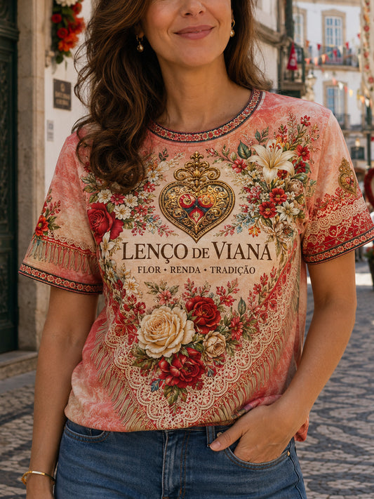 Camiseta de linho estampada com arte das Festas d’Agonia, Portugal, para mulheres