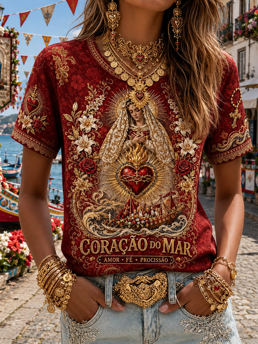 Camiseta de linho estampada com arte das Festas d’Agonia, Portugal, para mulheres