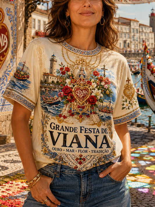 Camiseta de linho estampada com arte das Festas d’Agonia, Portugal, para mulheres