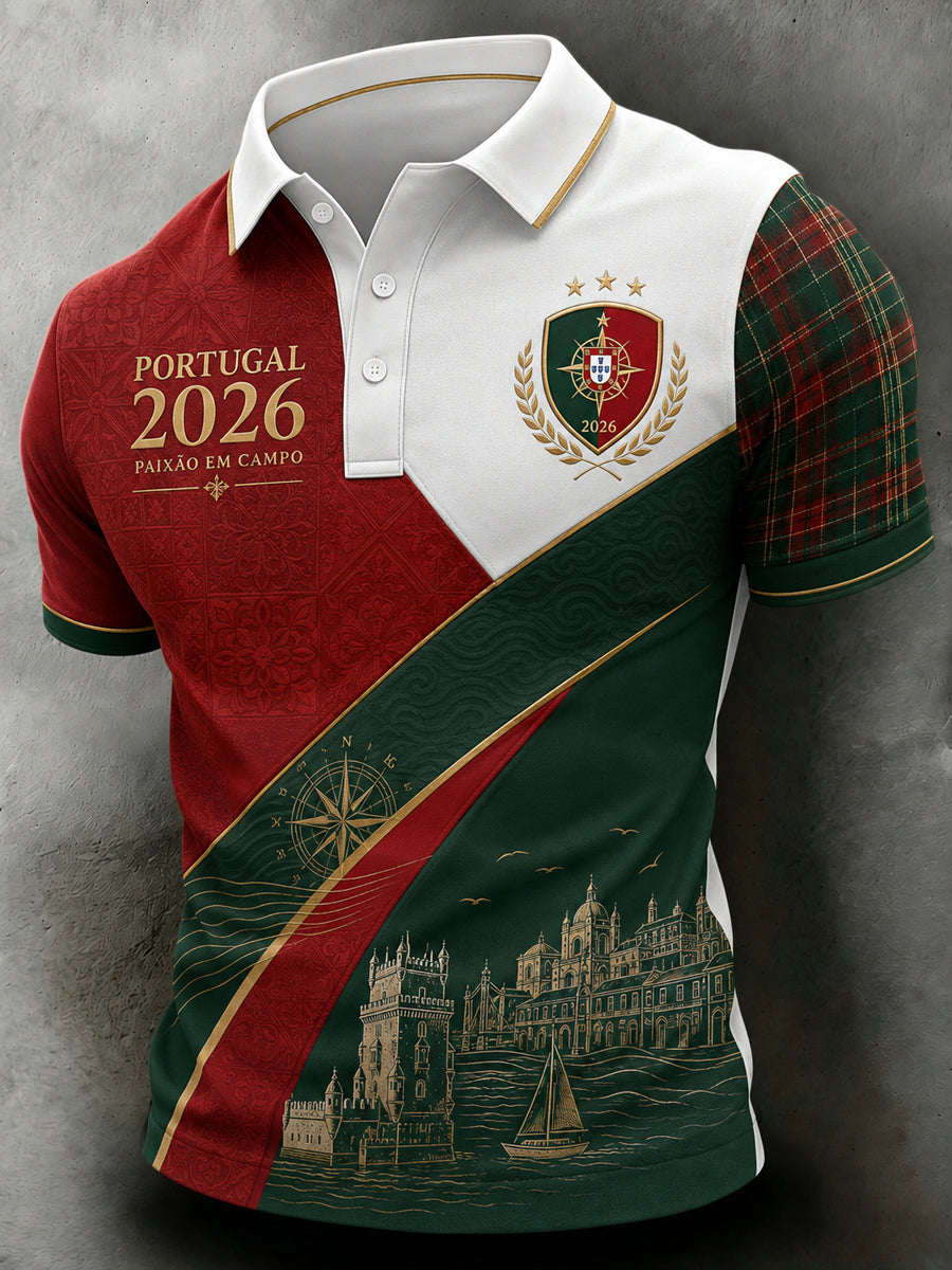 Retro Futebol Português Patchwork Casual Polo Shirt
